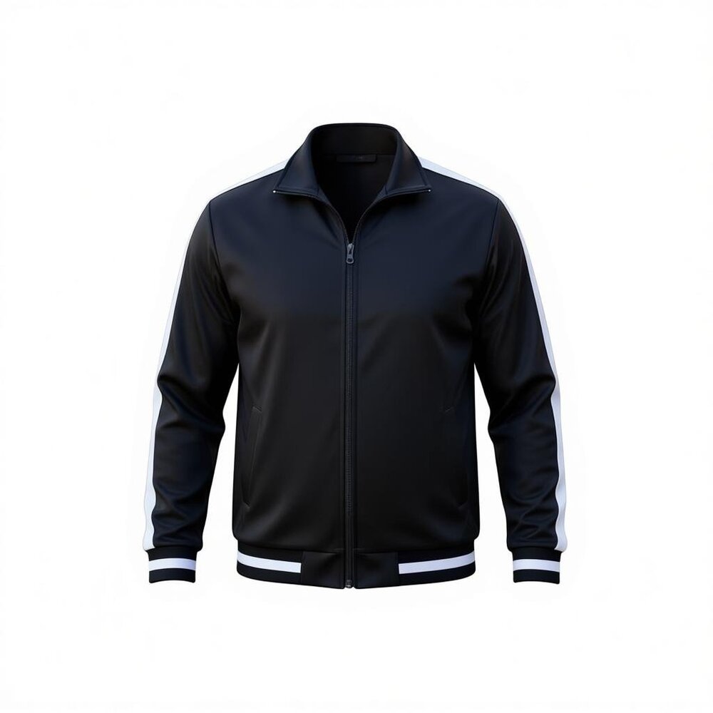Unisex Black Track Jacket Medium Full Zip White Stripe Jogger Streetwear Sport